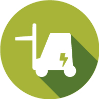 Ein grünes Icon mit einem weißen Stapler, als Darstellung für den Gebrauch schadstoffarmer Stapler. Kommentiert