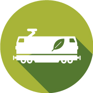 Ein grünes Icon mit einem weißen Eisenbahnwagon steht für die Nutzung von grünem Strom für BLG Autorail dar.