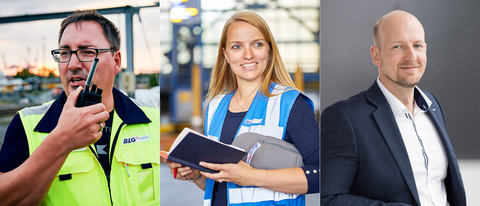 Drei BLG-Mitarbeitende in unterschiedlichen Positionen